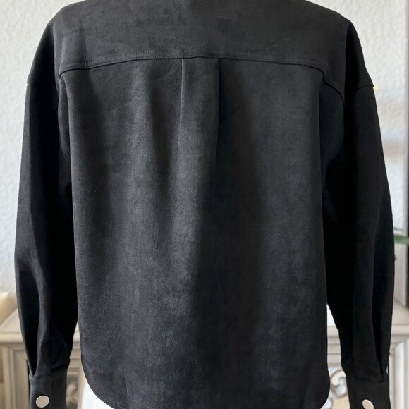 Women's Suede Shirt Jacket Top | Button Down Long Sleeve | Black - Picture 3 of 9